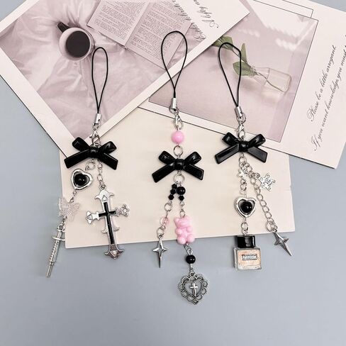 Cute Y2K Phone Charm Aesthetic Phone Charms Strap Pink Bear Butterfly Star Cross Accessories for Phone Keychain Camera Purse Backpack Bag Pendants Decor (3pcs black) in Kuwait