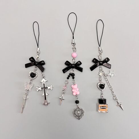 Cute Y2K Phone Charm Aesthetic Phone Charms Strap Pink Bear Butterfly Star Cross Accessories for Phone Keychain Camera Purse Backpack Bag Pendants Decor (3pcs black) in Kuwait