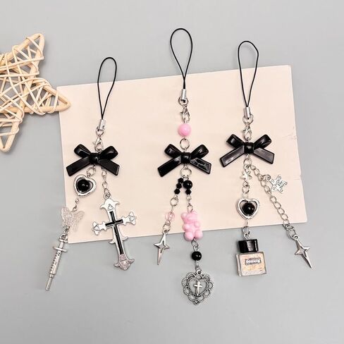 Cute Y2K Phone Charm Aesthetic Phone Charms Strap Pink Bear Butterfly Star Cross Accessories for Phone Keychain Camera Purse Backpack Bag Pendants Decor (3pcs black) in Kuwait