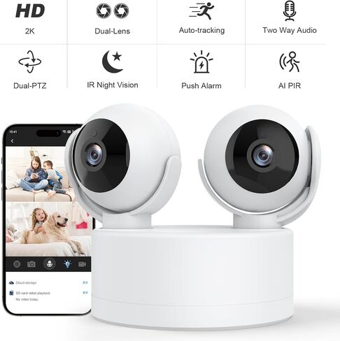 Indoor Dual Lens Smart Security Camera with PTZ, 4MP, WiFi, Motion Detection, HumanTracking, 2-Way Audio, IR Night Vision, Cloud and SD Card Storage for Baby, Pet, Home in Saudi Arabia