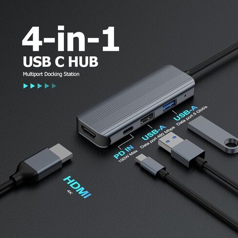 موزع USB C، محول USB C متعدد المنافذ 4 في 1 مع HDMI 4K، USB 3.0، USB 2.0، PD 100W، لجهاز MacBook Pro/Air، Dell XPS، Lenovo Thinkpad، والمزيد in Kuwait