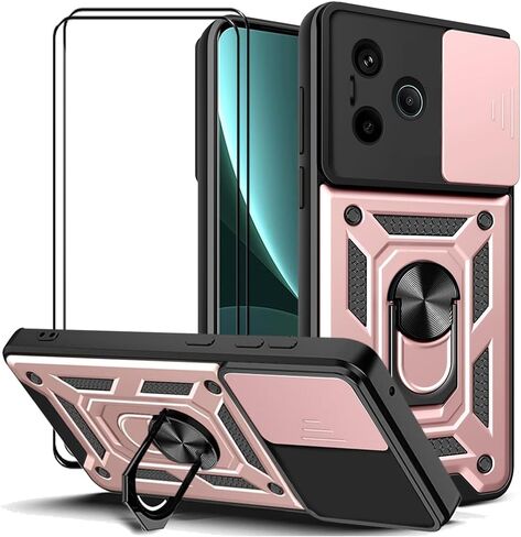 Case for Redmi Note 13 Pro Plus 5G with Tempered Glass Screen Protector [2 Pack],Sliding Camera Window, Kickstand, Shock-Proof Anti-Scratch Dual-Layer Phone Cover, Black in Saudi Arabia