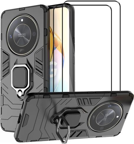 Case for Huawei Honor X9b / Magic6 Lite 5G Case Kickstand with Tempered Glass Screen Protector [2 pcs], Hybrid Heavy Duty Armor Dual Layer Anti-Scratch Phone Case Cover, Black in Saudi Arabia