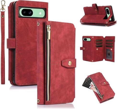 UEEBAI Wallet Case for Google Pixel 8a 5G, 9 Card Slots Retro Leather Wallet Shockproof Flip Cover with Hand Strap Card Slots Zipper Pocket Kickstand Handbag Magnetic Closure - Pink in Saudi Arabia