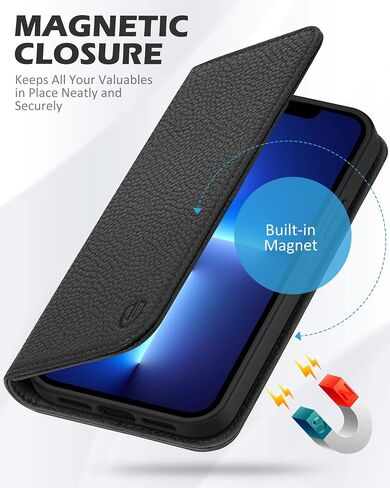 حافظة SHIELDON لهاتف iPhone 13 Pro Max 5G، حافظة محفظة من الجلد الأصلي مزودة بغطاء مغناطيسي مضاد للصدمات ومسند لبطاقات الائتمان RFID متوافق مع iPhone 13 Pro Max 5G (إصدار 6.7 بوصة 2021) - أسود in Kuwait