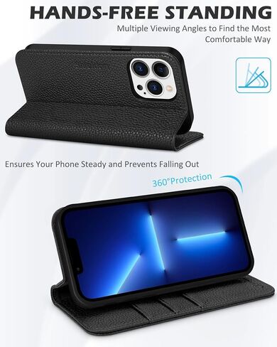 حافظة SHIELDON لهاتف iPhone 13 Pro Max 5G، حافظة محفظة من الجلد الأصلي مزودة بغطاء مغناطيسي مضاد للصدمات ومسند لبطاقات الائتمان RFID متوافق مع iPhone 13 Pro Max 5G (إصدار 6.7 بوصة 2021) - أسود in Kuwait