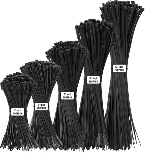 أربطة كابل سوداء بسحاب شديدة التحمل بأحجام متنوعة، 1000 قطعة ذاتية القفل 4+6+8+10+12 بوصة 18LBS/40LBS أربطة كابل من النايلون، مثالية للمنزل والمكتب والحديقة وورشة العمل in Kuwait