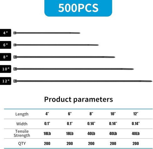أربطة كابل سوداء بسحاب شديدة التحمل بأحجام متنوعة، 1000 قطعة ذاتية القفل 4+6+8+10+12 بوصة 18LBS/40LBS أربطة كابل من النايلون، مثالية للمنزل والمكتب والحديقة وورشة العمل in Kuwait