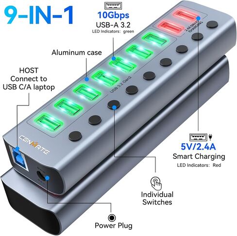 Powered USB 3.0 Hub, CENMATE 9 Ports USB Splitter (7×USB 3.0 Ports+2×2.4A Charging Ports), Individual On/Off Switches, DC 12V Adapter, Aluminum USB C Hub for Laptop, PC in Saudi Arabia