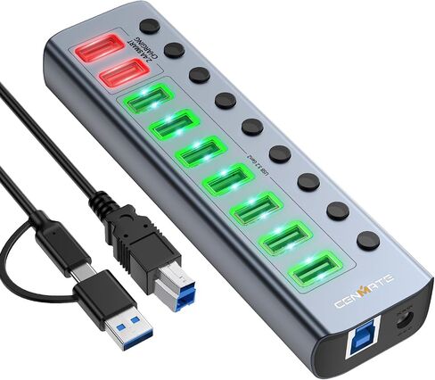 Powered USB 3.0 Hub, CENMATE 9 Ports USB Splitter (7×USB 3.0 Ports+2×2.4A Charging Ports), Individual On/Off Switches, DC 12V Adapter, Aluminum USB C Hub for Laptop, PC in Saudi Arabia