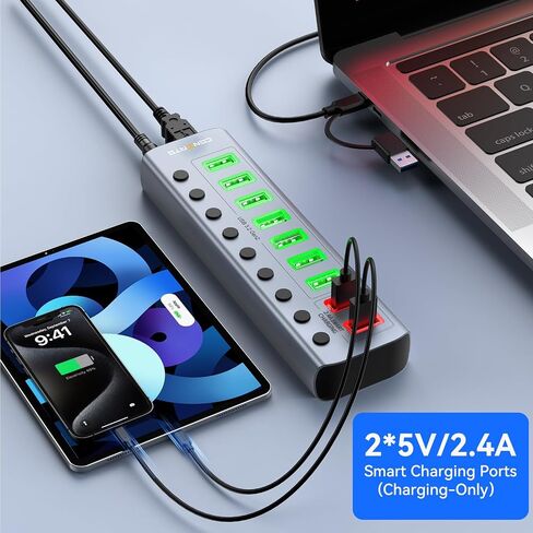 Powered USB 3.0 Hub, CENMATE 9 Ports USB Splitter (7×USB 3.0 Ports+2×2.4A Charging Ports), Individual On/Off Switches, DC 12V Adapter, Aluminum USB C Hub for Laptop, PC in Saudi Arabia
