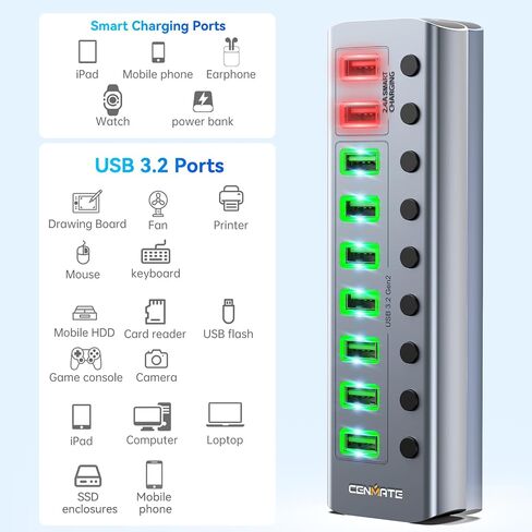 Powered USB 3.0 Hub, CENMATE 9 Ports USB Splitter (7×USB 3.0 Ports+2×2.4A Charging Ports), Individual On/Off Switches, DC 12V Adapter, Aluminum USB C Hub for Laptop, PC in Saudi Arabia