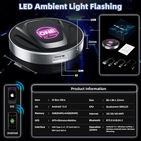 OneCarStereo 2024 ترقية CarPlay Ai Box Wireless CarPlay/محول Android التلقائي، صندوق Magic CarPlay المدمج في Android 13os 8-Core، Ai Box يدعم GPS MirroLink TF/SIM Card، YouTube، Netflix إلخ. in Kuwait