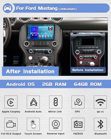 راديو Roinvou 2+64G Android 9 بوصة يعمل باللمس لسيارة Ford Mustang 2015-2020 مع CarPlay اللاسلكي Android Auto WiFi Bluetooth GPS Navigation FM RDS Radio Backup Camera in Saudi Arabia