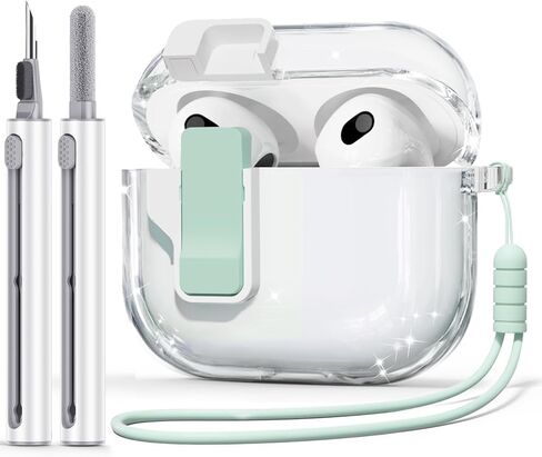 【مع قفل أمان】 غطاء حافظة AirPods الجيل الثالث 2021، حافظة شفافة من مادة TPU لحافظة AirPod الجيل الثالث مع مجموعة منظف وحزام معصم محمول للنساء البنات - وردي شفاف in Kuwait