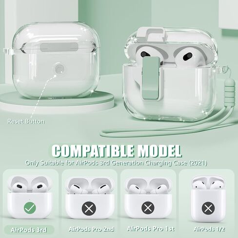 【مع قفل أمان】 غطاء حافظة AirPods الجيل الثالث 2021، حافظة شفافة من مادة TPU لحافظة AirPod الجيل الثالث مع مجموعة منظف وحزام معصم محمول للنساء البنات - وردي شفاف in Kuwait