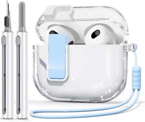 【مع قفل أمان】 غطاء حافظة AirPods الجيل الثالث 2021، حافظة شفافة من مادة TPU لحافظة AirPod الجيل الثالث مع مجموعة منظف وحزام معصم محمول للنساء البنات - وردي شفاف in Kuwait