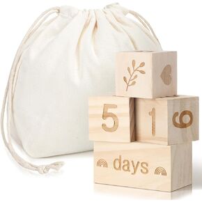 Boho Baby Milestone Blocks Natural Pine Wood with Days Months Weeks Years Baby Age Milestone Signs Set with Boho Bag, Baby Gifts Picture Props Baby Photo Props Photoshoots for Baby Shower