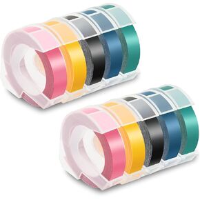 Pristar 3D Embossing Tape 9mm Self-Adhesive Compatible for Dymo Embossing Label Maker Omega DYM12966 Organizer Xpress Pro, White on Black/Silver/Clear/Gold/Champagne Gold, 3/8 in x 9.8 ft, 10-Pack