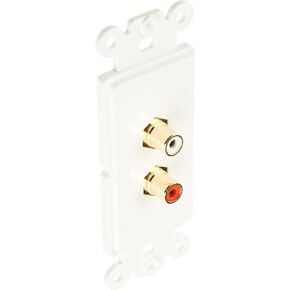 Decora 2 RCA Wall Plate Insert, White, RCA Stereo Couplers (Red/White), 2 RCA Female Insert for sub woofer, Stereo Ports