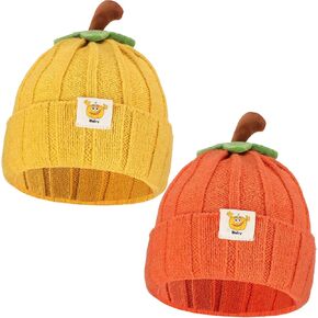 2 Pcs Halloween Baby Pumpkin Hat Infant Kids Pumpkin Beanie Winter Cute Knitted Hat Newborn Beanie Baby Winter Hat Soft Boys Girls Pumpkin Cap for Toddler Autumn Thanksgiving Orange, Yellow