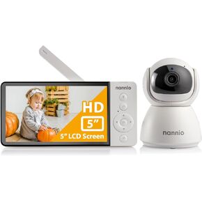 nannio Comfy HD Baby Monitor, 5'' LCD Screen, 30 Hours Battery Life, Pan-Tilt-Zoom Video Baby Monitor with Camera and Audio, Clear Night Vision, 2-Way Talk, Lullabies, No WiFi, for Baby, Pets, Elderly