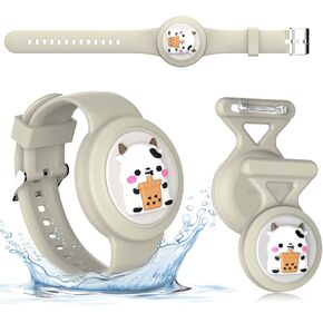 [2in1] for AirTag Bracelet & AirTag Holder with Pin, Kids Airtag Case and Kids Air Tag Bracelet Waterproof Air tag Holder Cute Design Soft Silicone Air Tag Case for Children Teens (Beige-Cows)