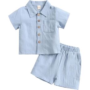 Toddler Baby Boys 2 Pieces Cotton Linen Set Short Sleeve Button Down Shirt and Shorts Set Spring Summer Outfits