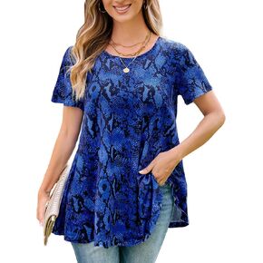 splensive Tunic Tops for Women Plus Size Short Sleeve Crew Neck Swing Flare Loose T-Shirt Blouses to Wear with Leggings