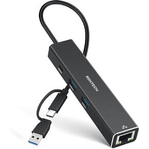 USB to Ethernet Adapter, RSHTECH USB 3.2 Gen 2 Hub with RJ45 Gigabit Ethernet, 10Gbps USB-C and 2 USB-A Data Ports, Aluminum USB Type C to LAN Network Adapter Splitter for Laptop and PC, RSH-ST310
