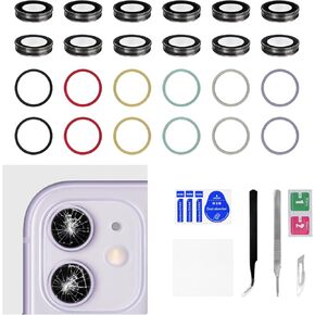 6 Set Rear Camera Lens Cover Replacement for iPhone 11 Purple Yellow Green Black White Red Color HD Tempered with Metal Frame Back Camera Lens for iPhone11 with Repair tool Kit Tweezers