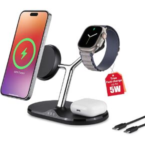 3-in-1 Wireless Charging Station for Apple Devices - Fast Charging Station for iPhone and Watch with MagSafe, Stable Charger Stand for iPhone 12-15 & iPhone 16 & iWatch & AirPods, Adapter Not Included
