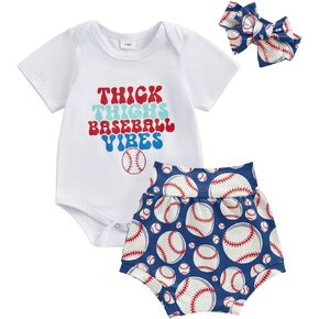 Gueuusu Newborn Baby Girl Baseball Clothes Outfit Play Ball Short Sleeve Romper Baseball Print Shorts Headband Cuet 3Pcs Set