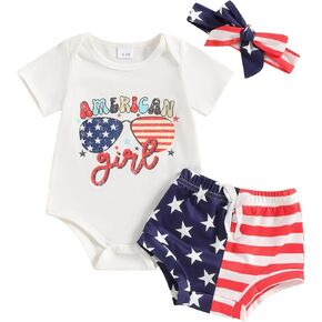 4th of July Baby Girl Outfit Letters Print Short Sleeve Romper American Flag Print Bloomer Shorts Headband 3Pcs Set