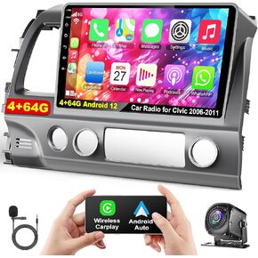 4G+64G Car Radio for Honda Civic 2006-2011 with Wireless Carpaly & Android Auto,10.1 Inch IPS Touch Screen Car Stereo with GPS Navigation/Bluetooth 5.2/FM/Backup Camera/WiFi/SWC/HiFi