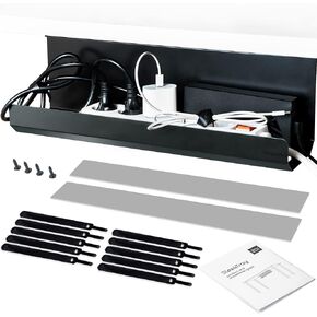 SleekTray Under Desk Cable Management Tray No Drill Wire Organizer for Standing Desk Large Sturdy Black Steel Rack, Raceway for Cords/Power Strip/Power Bricks | 1-Pack