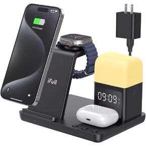 6 in 1 Wireless Charging Station,Gifts for Men Dad Him Boyfriend Husband, Wireless Charger Stand with Alarm Clock, Night Light,Charging Dock for iPhone15/14/13/12/11/Pro/Max/XR (Black) in Kuwait