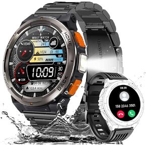EIGIIS KE5 Military Smart Watch for Men with Flashlight SOS 3ATM Waterproof Watch 530mAh Big Battery 1.45" Rugged Tactical Smartwatch with Compass Elevation Barometer Fitness Watch for iPhone (Black)