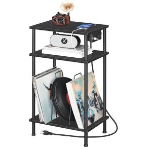 HOOBRO 3-Tier Record Player Stand, Vinyl Record Holder with Charging Station, Record Player Table with Storage Shelf, Turntable Stand for Music Room, Living Room, Bedroom, Black BB02URS01