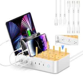 Bamboo USB-C Charging Station for Multiple Devices,60W 6 Port Charing Dock with 3 AC Outlets, 3 USB C, 3 USB A,6.6ft Power Cord for lPhone,lPad,Tablets (6 Mixed Cables Included),White
