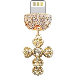 ELISE & FONDA CP497 USB Charging Port Crystal Anti Dust Plug Little Cross Phone Charm for iPhone 13/12/11/ XS MAX/XR/X/8 Plus/7/6S/8/SE iPad iPod (Gold)