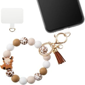 Silicone Beaded Phone Wrist Strap Phone Wristlet Elastic Hands-Free Phone Bracelet Strap with Tether Tab(B Coffee)