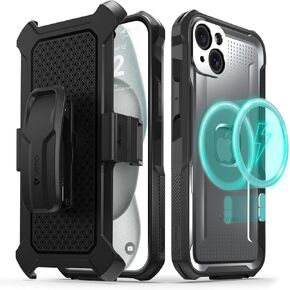VENA vArmor Rugged Case for Apple iPhone 15 (6.1"), (Military Grade Drop Protection/Armor) Magsafe Compatible and Heavy Duty Holster Belt Clip Cover with KickStand - Graphite Gray/Black