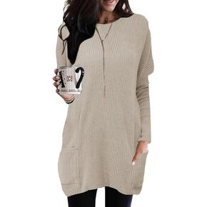 Poetsky Tunic Sweaters for Women to Wear with Leggings Long Sleeve Ribbed Crewneck Loose Casual Long Shirts W/Pockets