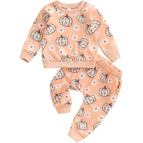 Dcohmch Baby Girl Halloween Outfit Long Sleeve Pumpkin Floral Sweatshirt Pants Set Newborn Infant Baby Fall Clothes