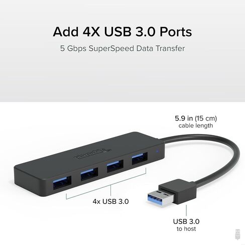 Plugable 4 Port USB Hub 3.0, USB Splitter for Laptop, Compatible with Windows, Surface Pro, PC, Chromebook, Linux, Android, Charging Not Supported in Saudi Arabia