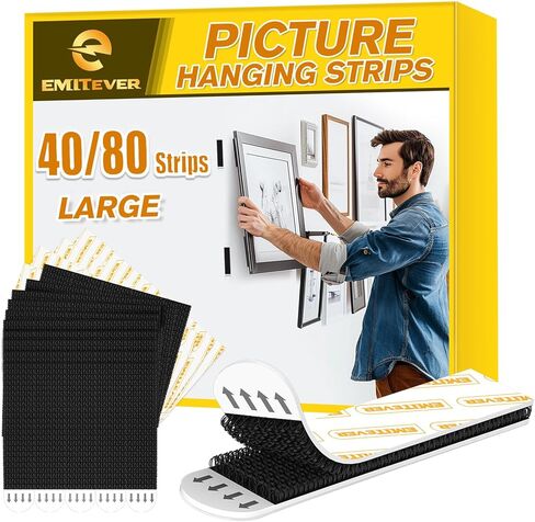 شرائط تعليق الصور من EMITEVER شديدة التحمل، شماعات صور معلقة خالية من التلف للجدران، مجموعة تعليق الصور، خطافات تعليق بدون أظافر، شرائط حائط لاصقة سوداء 20 زوجًا (40 شريطًا) in Kuwait