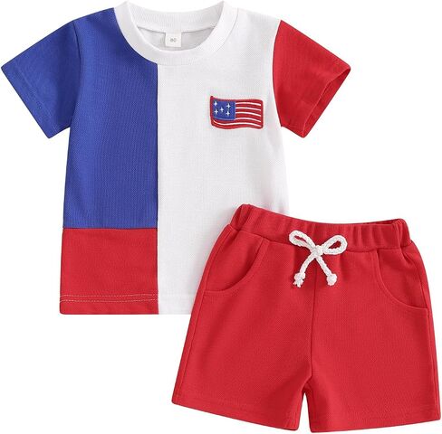 Hoanselay Toddler 4th Of July Baby Boy Outfit Summer Clothes Red White and Blue Tshirts & Elastic Waist Shorts 2Pcs Set in Saudi Arabia