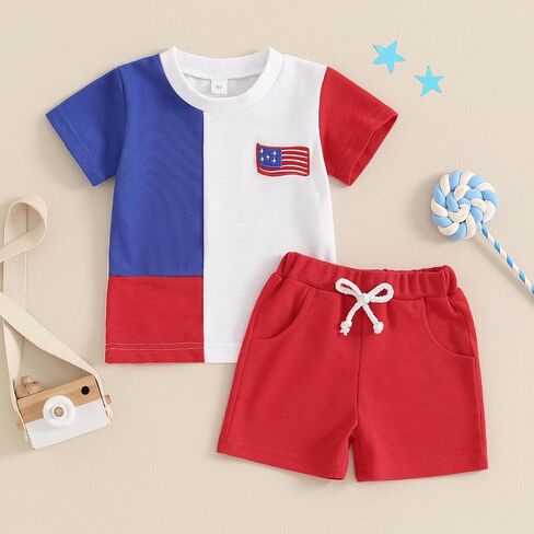 Hoanselay Toddler 4th Of July Baby Boy Outfit Summer Clothes Red White and Blue Tshirts & Elastic Waist Shorts 2Pcs Set in Saudi Arabia