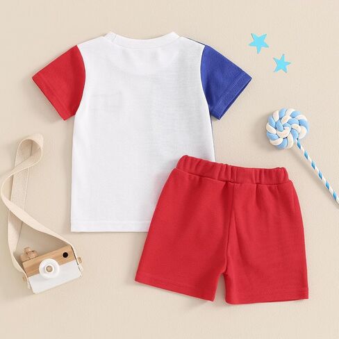 Hoanselay Toddler 4th Of July Baby Boy Outfit Summer Clothes Red White and Blue Tshirts & Elastic Waist Shorts 2Pcs Set in Saudi Arabia